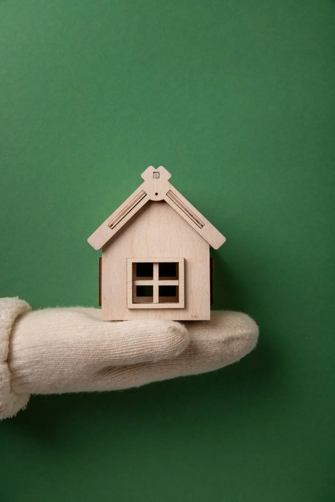 Small wooden house model resting on an open hand